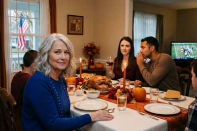 My daughter-in-law announced at Thanksgiving dinner, “Your late husband has transferred the house to us. You get nothing.” Everyone fell silent. I put my plate down and said, “You should tell them… or should I?” Her smile froze immediately. My son whispered, “Mom, don’t say anything.”